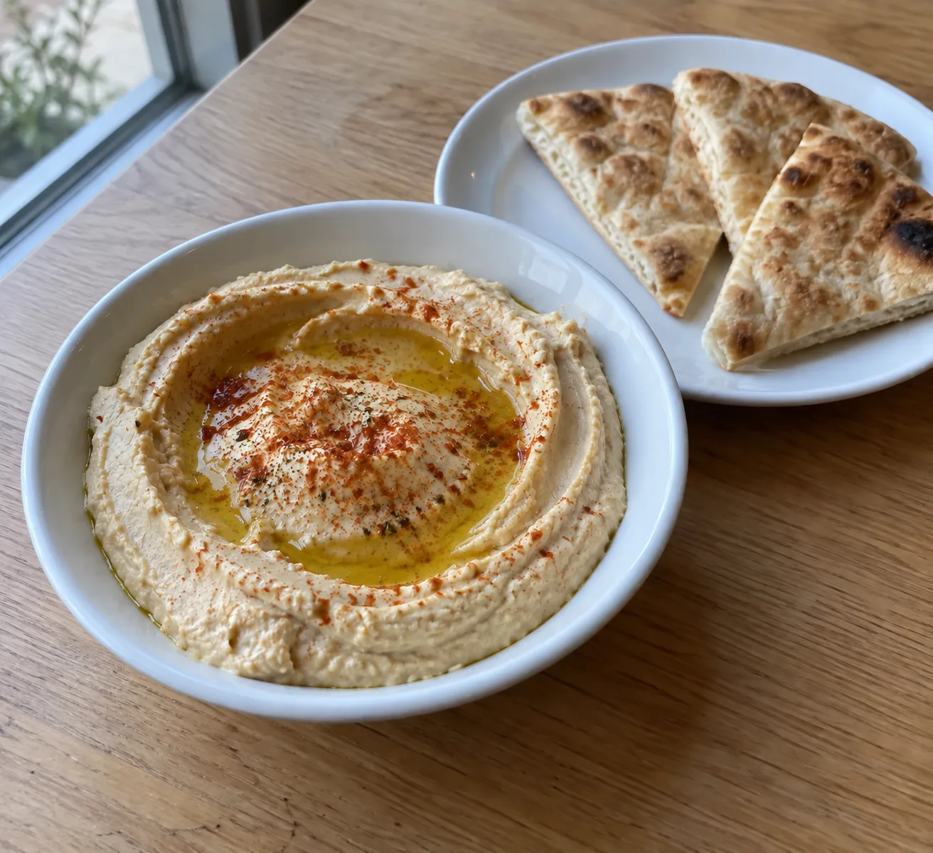 Bowl of hummus with olive oil, paprika, and pita